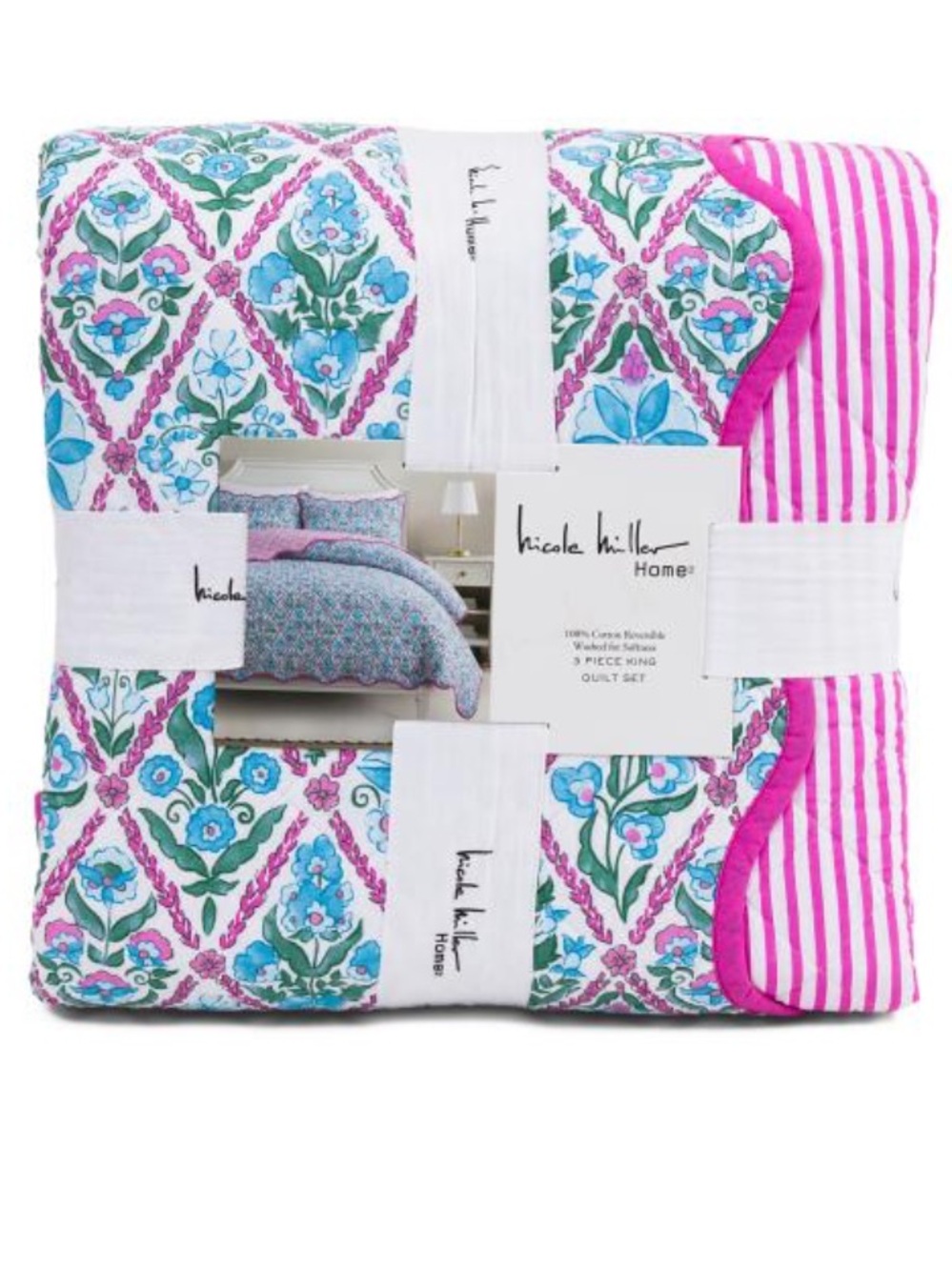 Nicole Miller Floral Quilt Set in Pink, Blue & Green